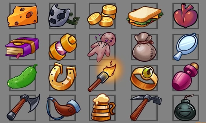 illustrate game icons, item, potion, spells 2d game asset, set, scrolls and book