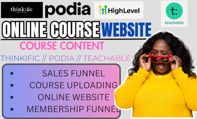 build thinkific, teachable, and podia websites with online course content