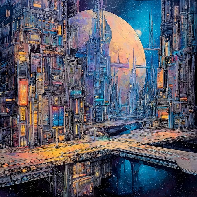 Create a cyberpunk illustration sci fi futuristic city by Sareraster ...