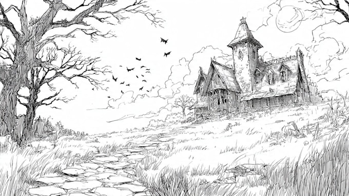 draw horror and gothic line art illustrations