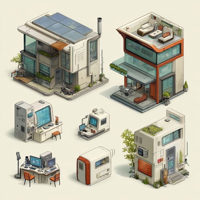 create a modern isometric objects and environment art