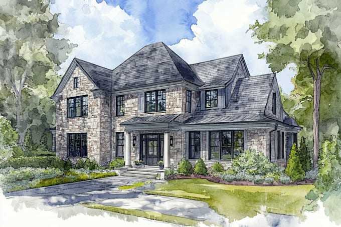 draw house illustration in watercolor