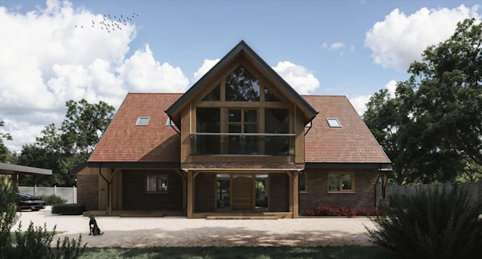 remodel UK home external 3d model, render cgi UK building front, off grid house