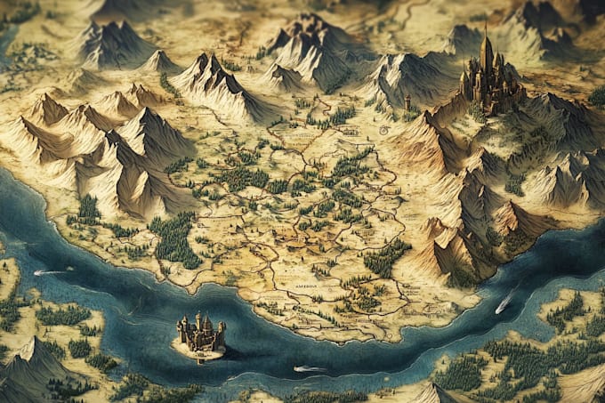hand draw a fantasy map with digital water coloure