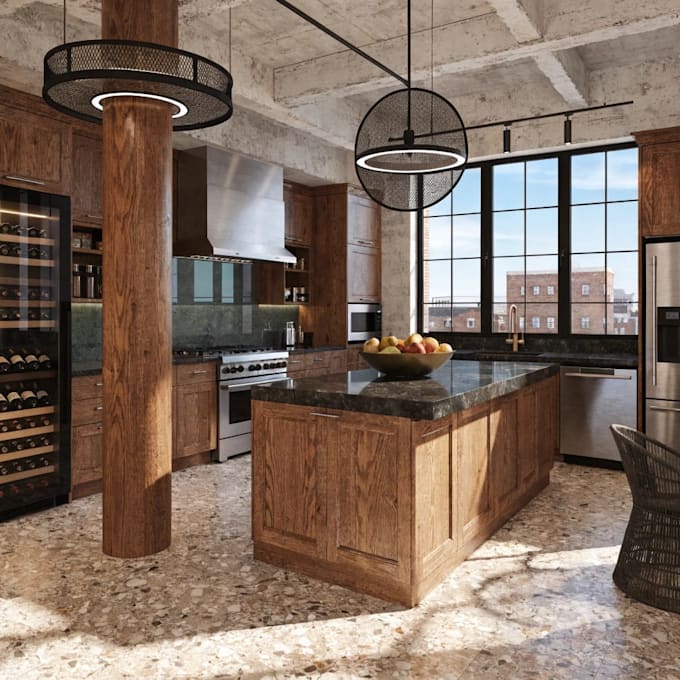 make a functional kitchen design with 2d render