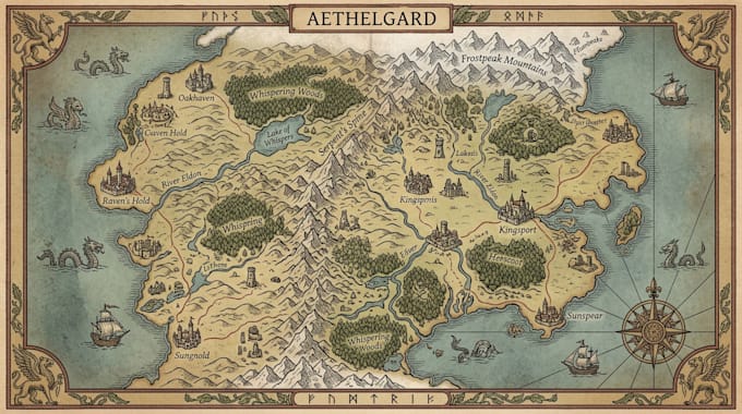 hand drawn vector map illustration, fantasy map, isometric map, illustrated map
