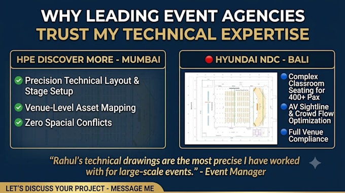 design event layouts, seating arrangement and fabrication drawings