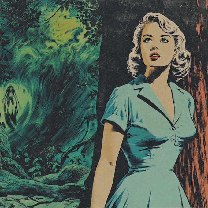 make a vintage horror comics artwork illustration