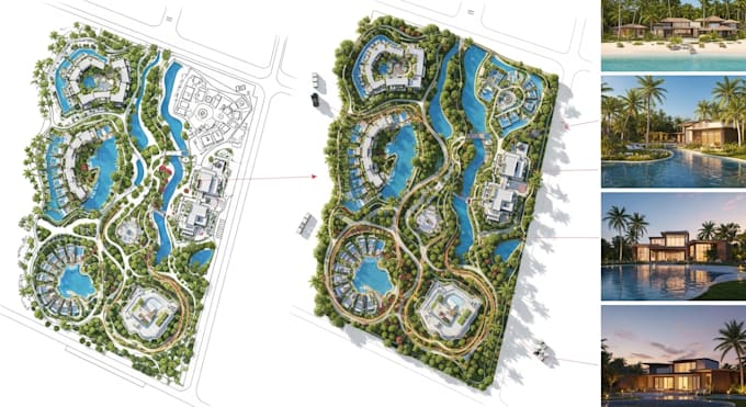 design 2d 3d, resort site, master plan, concept, landscape render, map animation