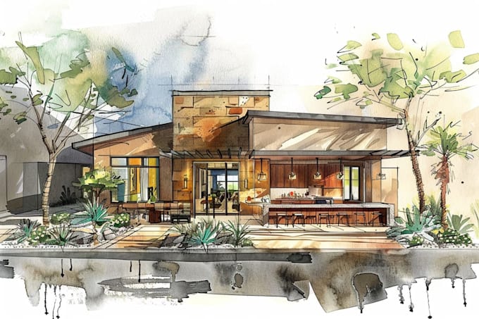 render architecture and interior concept in watercolor