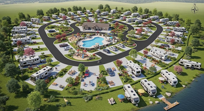 do property cgi, 3d site plan and subdivision rendering, rv park