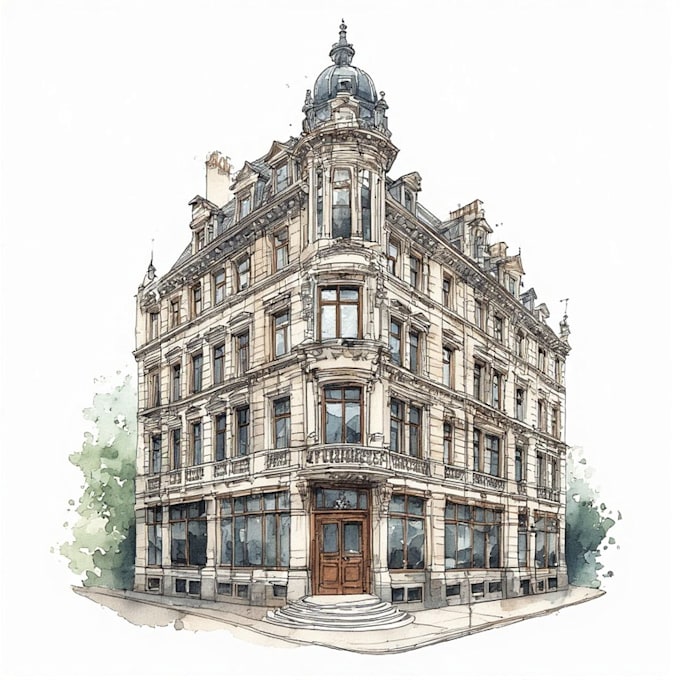 sketch architecture building with watercolor rendering
