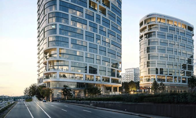 reconstruct urban neighborhood,high rise industrial development,elevation render