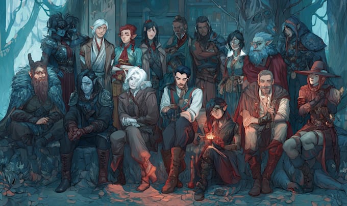 draw detailed dnd party characters together