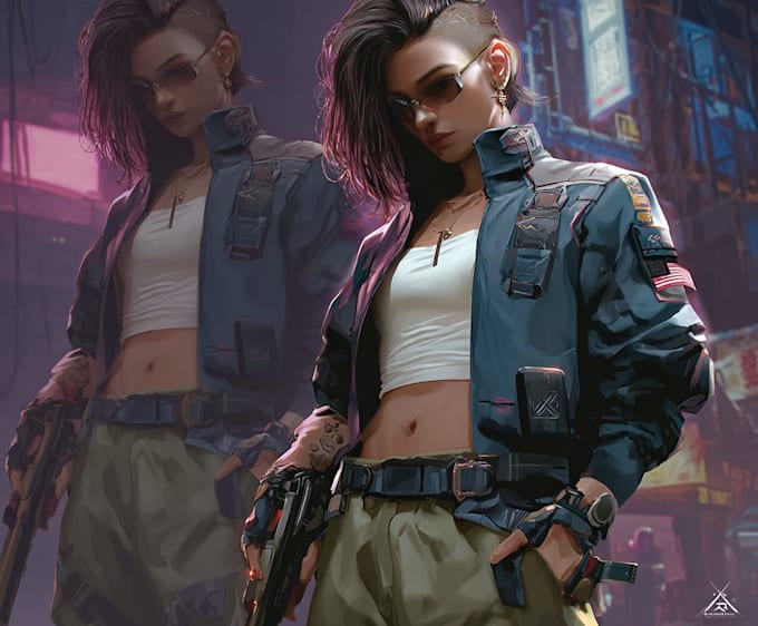 draw cyberpunk character design with neon style