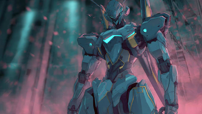 do custom digital 2d anime mecha art illustration