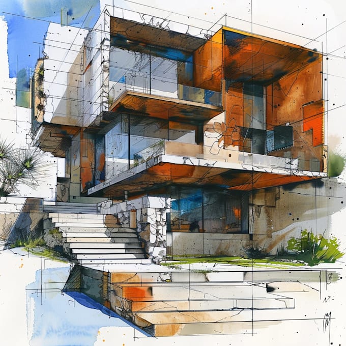 sketch architecture building with watercolor rendering