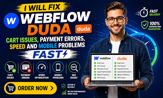 fix webflow duda cart issues, payment errors, speed and mobile problems fast