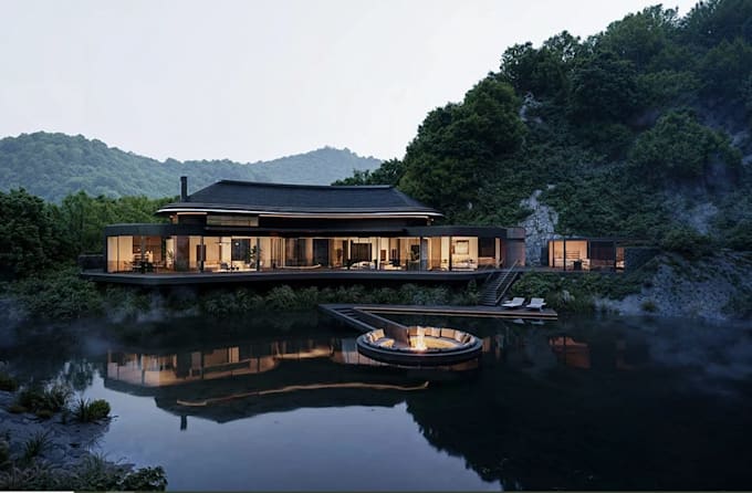 convert exterior lighting design, villa render, poolside, scandinavian, bungalow