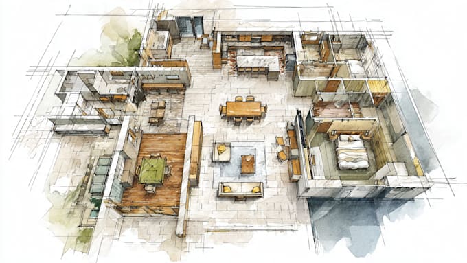 draw building and interior floor plans in watercolor