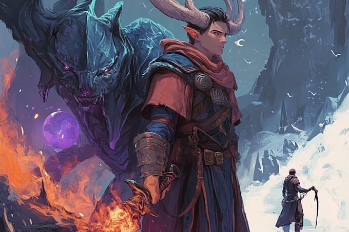 create dynamic dnd fantasy oc artwork featuring a dragon slaying hero