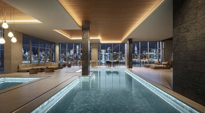 redesign 3d restaurant interior,dining area,luxury hotel, indoor pool,cgi layout