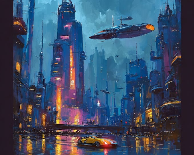 do a cyberpunk sci fi futuristic city for your project