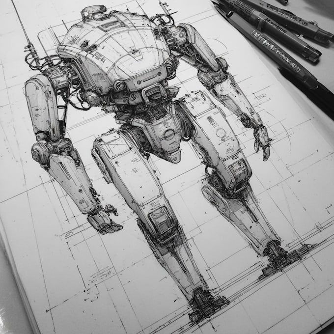 draw fast highly detailed sci fi robot and mecha sketches
