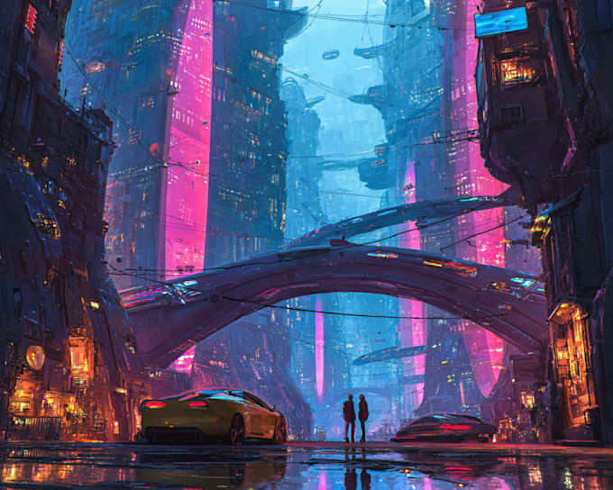make a cyberpunk futuristic city art