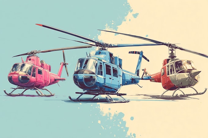 draw helicopter , airplane , aircraft , into a vector cartoon