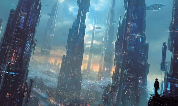 do a cyberpunk futuristic city and background