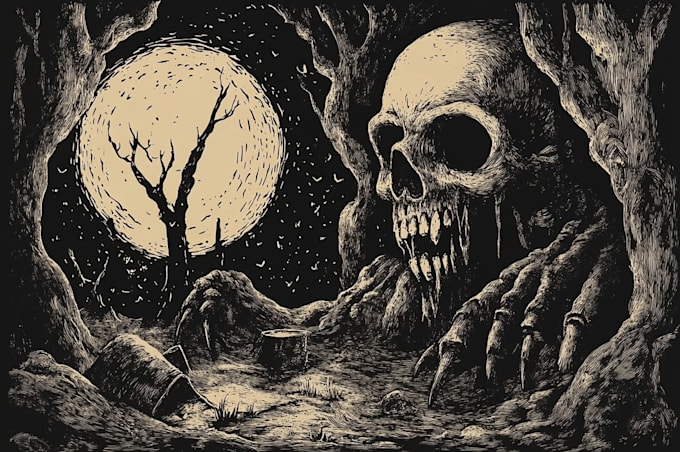make dark art, concepts, linocut or woodcut illustrations