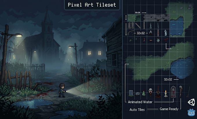 do 2d pixel art top down tileset, tilemap, animated sprite sheet, pixel assets