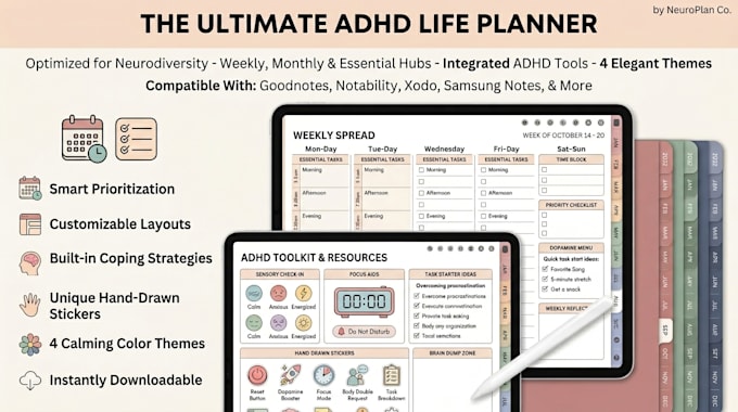build hyperlinked adhd digital planner for goodnotes, ipad,and android templates