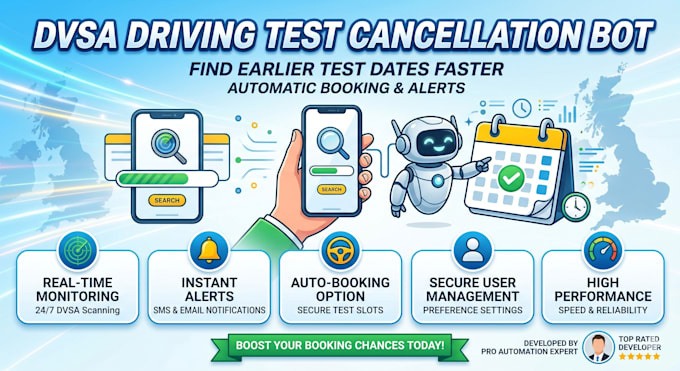 build UK driving test bot, driving slot bot, UK dvsa bot, reservation bot