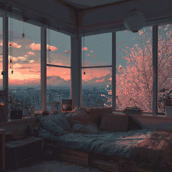 create an cozy lofi aesthetic room or window view