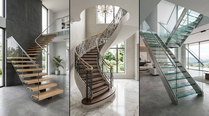 Design modern staircase, spiral stairs and photorealistic 3d rendering ...