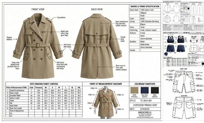 create production ready clothing tech pack, flat sketch spec sheet in ilustrator