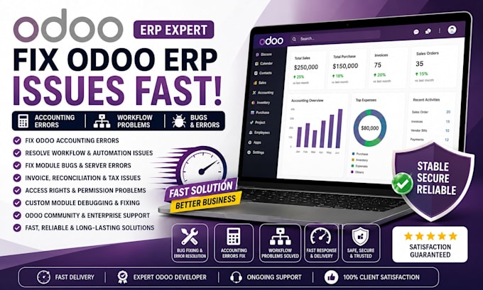 fix odoo erp issues accounting error and fix workflow problem fast and  fix bugs