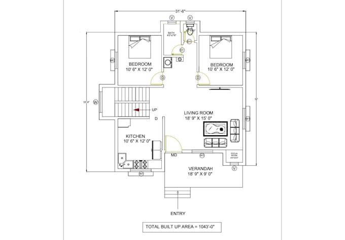 redraw a 2d architectural floor plan blueprint and autocad