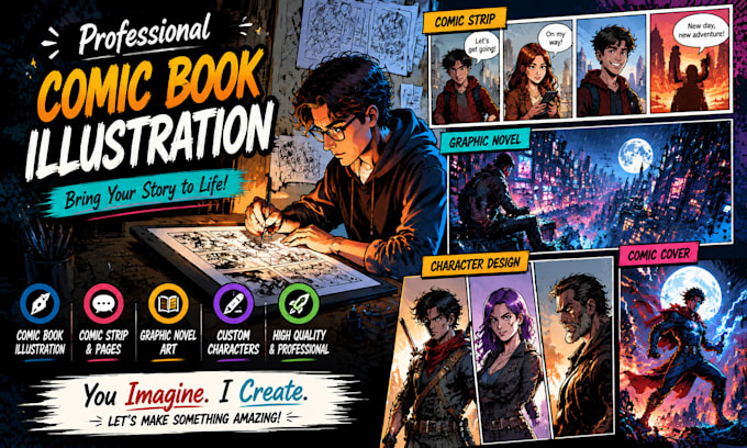 design custom comic panels, webcomics  character illustrations and manga art