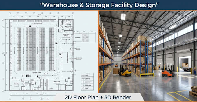 design warehouse 2d floor plan, 3d renders industrial building storage facility