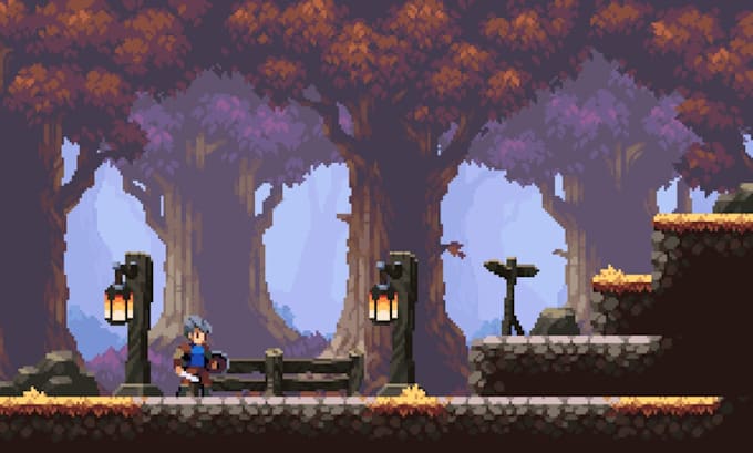 draw pixel art scene, game background, environment for platformer game, stream