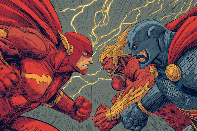 illustrate cinematic superhero comic scenes and covers