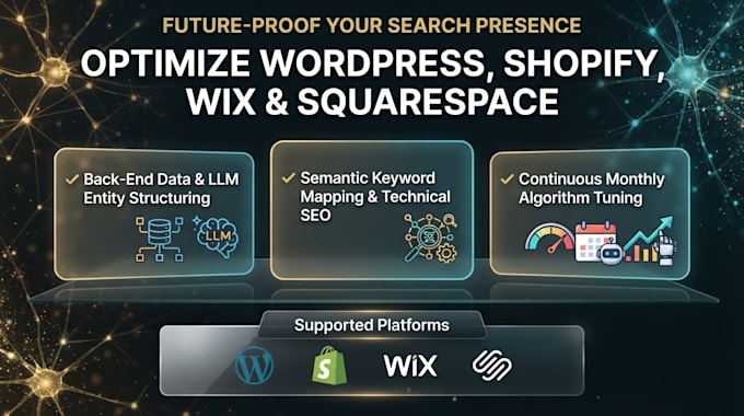 do monthly ai website SEO, setup llms for wordpress, shopify, wix, squarespace