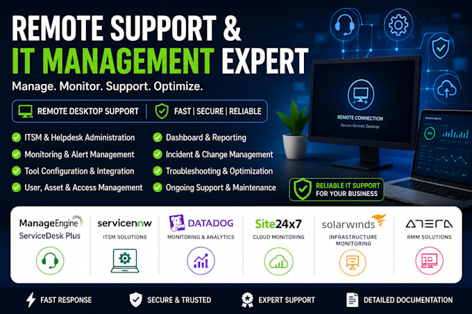 manage remote desktop, manageengine, servicenow, datadog, atera , malwarebytes