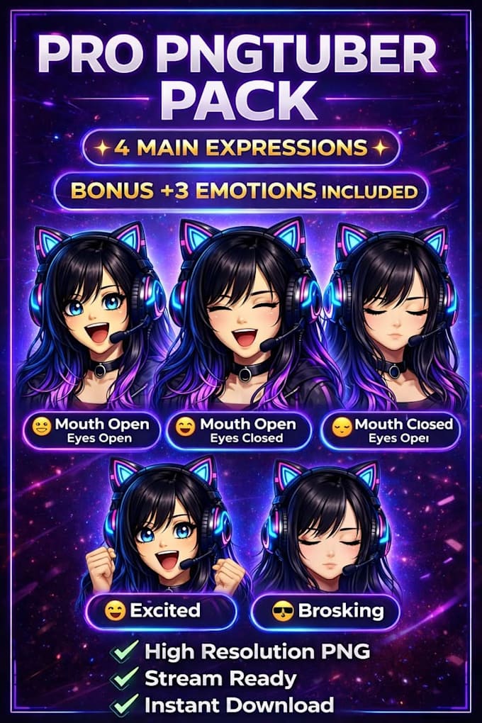 create custom pngtuber vtuber anime character design, illustration for streaming