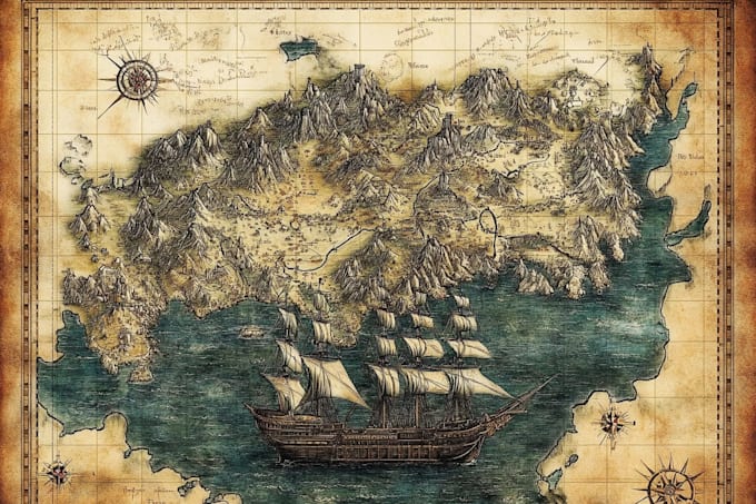 create a fantastical ship or map with intricate details