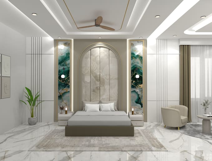 do a morden luxury bedroom interior with realistic 3d rendering