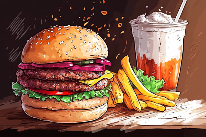 draw food, drinks and any illustrations a cooking theme